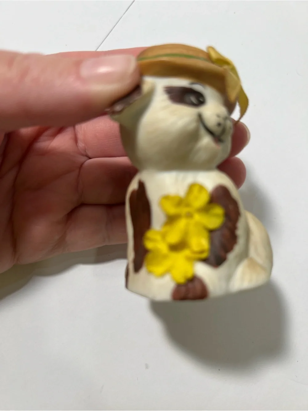Porcelain Cat Figurine Bell with Hat and Yellow Flowers